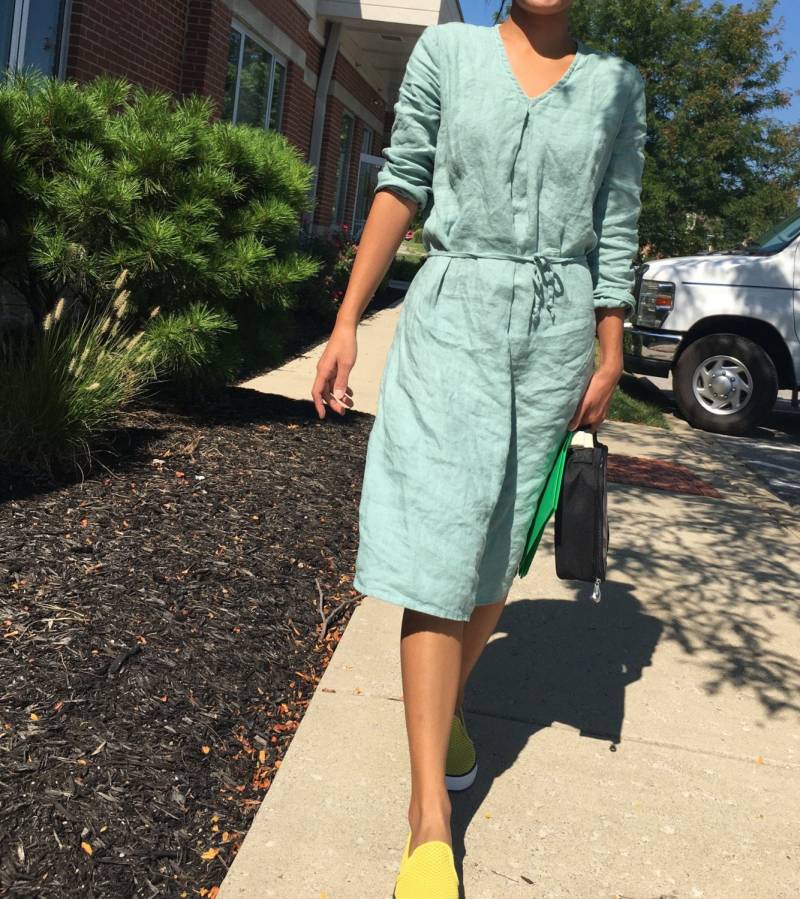 Ld 2502/100% Leinen V-Ausschnitt Kleid Mit Taillenbinden /36" von LouEmbrace