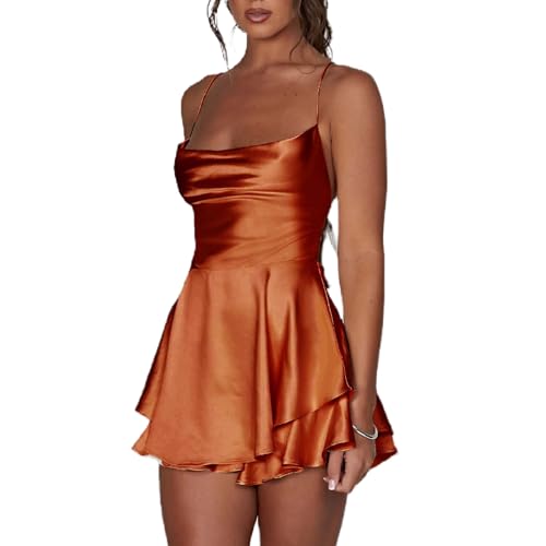 LouVasabuce Satin-Kleid für Frauen, sexy, rückenfreies, kurzes Kleid mit Rundhalsausschnitt, zum Binden am Hals, Schichtenkleid mit Spaghetti-Träger, Jumpsuit, Minikleid, Braun, Groß von LouVasabuce