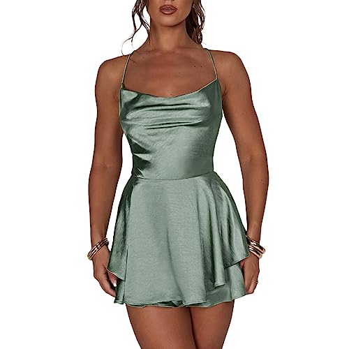 LouVasabuce Satin-Kleid für Frauen, sexy, rückenfreies, kurzes Kleid mit Rundhalsausschnitt, zum Binden am Hals, Schichtenkleid mit Spaghetti-Träger, Jumpsuit, Minikleid, Grün , Medium von LouVasabuce