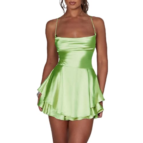 LouVasabuce Satin-Kleid für Frauen, sexy, rückenfreies, kurzes Kleid mit Rundhalsausschnitt, zum Binden am Hals, Schichtenkleid mit Spaghetti-Träger, Jumpsuit, Minikleid, Hellgrün, Groß von LouVasabuce