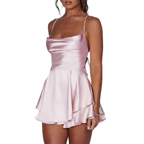 LouVasabuce Satin-Kleid für Frauen, sexy, rückenfreies, kurzes Kleid mit Rundhalsausschnitt, zum Binden am Hals, Schichtenkleid mit Spaghetti-Träger, Jumpsuit, Minikleid, Pink, Large von LouVasabuce