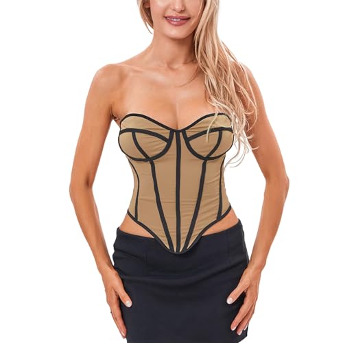 LouVasabuce Frauen Wrap Korsett Bustier Crop Top Sexy Spaghettiträger Tank Tops Open Back Unregelmäßiger Saum Reißverschluss Weste Tube Top, Line Black, Medium von LouVasabuce