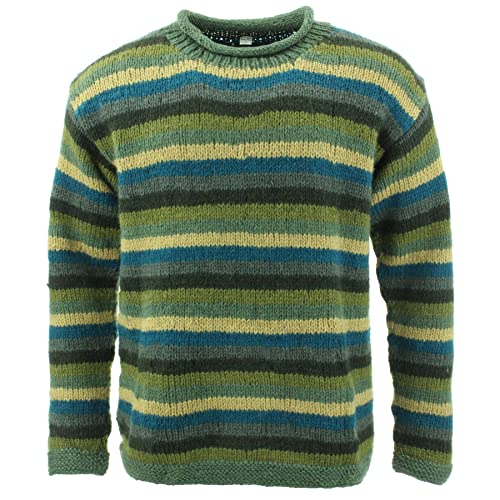 Grobstrick Pullover aus Wolle, Space Dye Retro Streifen, Streifen grün blau, M von Loud Jumpers