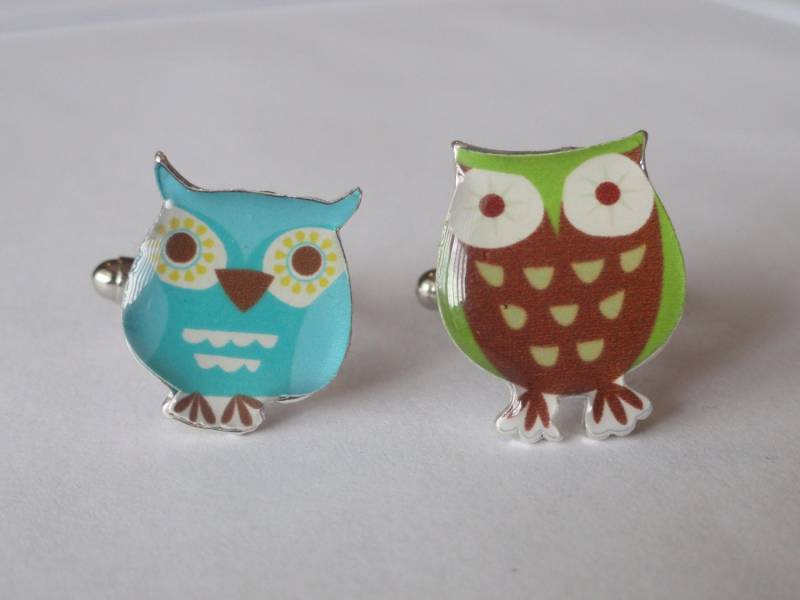 Blaue Und Grüne Eulen Manschettenknöpfe, Reversnadeln, Krawattenstangen, Ohrringe, Schmuck Accessoires von LoudCufflinks