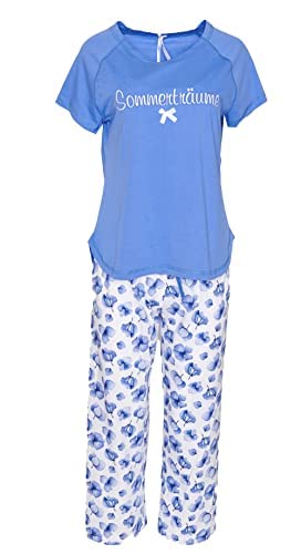 Damen Pyjama Sommerträume Capri Hose 3/4 blau Allover Oberteil kurzer Arm von Louis & Louisa