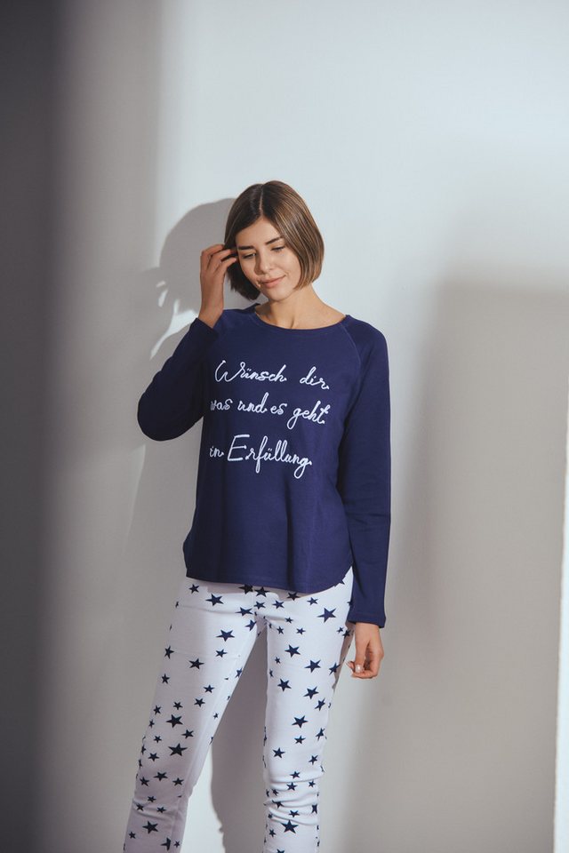 Louis & Louisa Pyjama Louis & Louisa Damen Pyjama ''Wünsch dir was'' mit Bündchen blau/weiß von Louis & Louisa