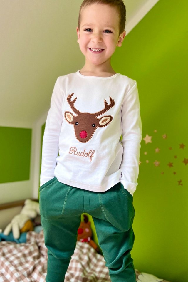 Louis & Louisa Pyjama Schlafanzug Kinder - RUDOLF - weiß/tanne von Louis & Louisa