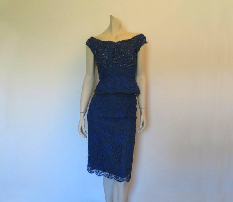 1960Er Jahre Blaues Spitzen-Cocktailkleid Perlenbesetzter Dreiteiler von LouisaAmeliaJane