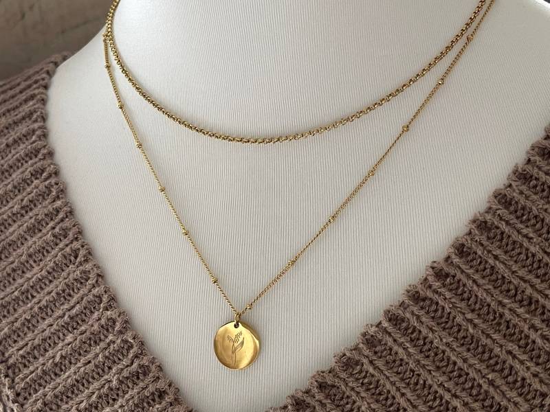 2-Fache Layering Kette, Filigrane Kugelkette Mit Gravurplättchen + Boxkette , 2-Reihige Edelstahl, Silber 18K Gold, Geschenk von LoulousWithLove