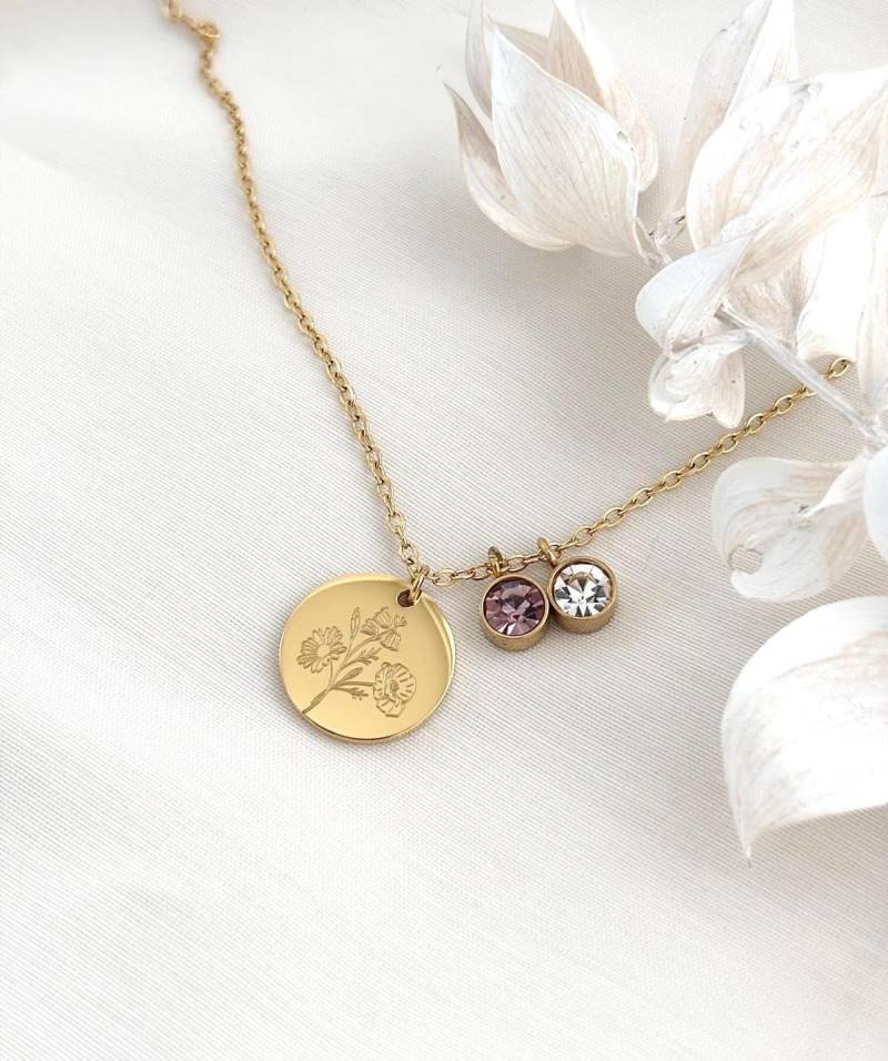 Geburtsblumen Strauß Kette + Geburtsstein | Birthflower Blumenstrauß Namenskette |Edelstahl Rosé, Gold, Silber, Geschenk Geburt Mama von LoulousWithLove