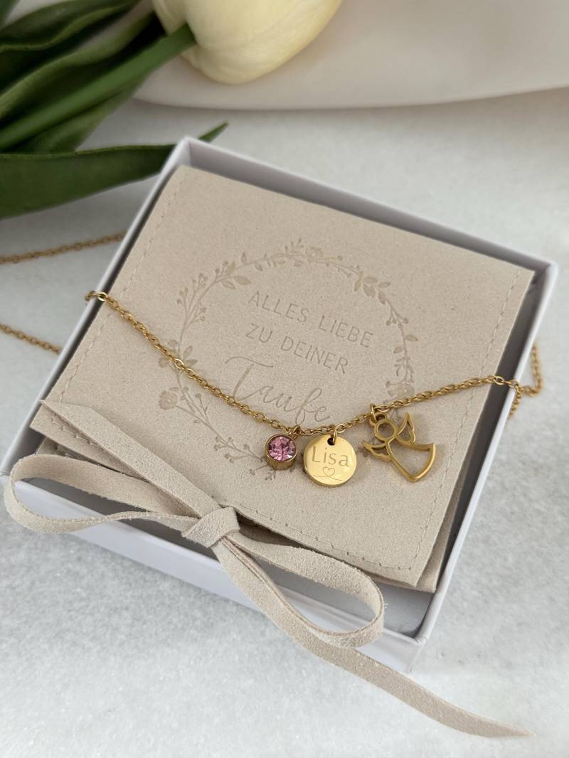 Halskette Schutzengel Taufkette Kommunion Engelskette Mit Geburtsstein Edelstahl 18K Gold, Silber, Roségold von LoulousWithLove