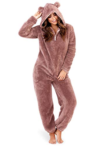 Loungeable Damen Jumpsuit Overall Tiere Gesichter Öhrchen 3D Kapuze Taupe Sherpa All in one with Ears 798085TAU S von Loungable
