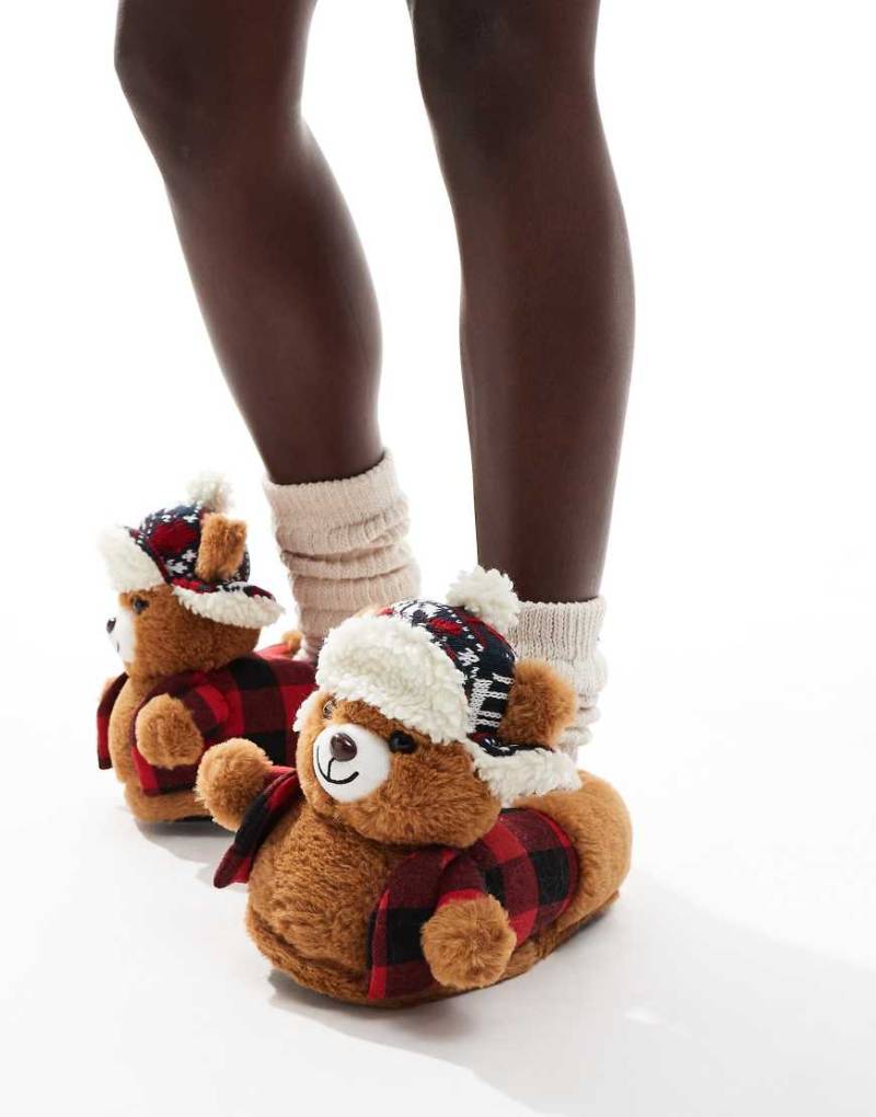 Loungeable - Bunte, witzige Hausschuhe mit Trucker-Teddybär-Design-Braun von Loungeable