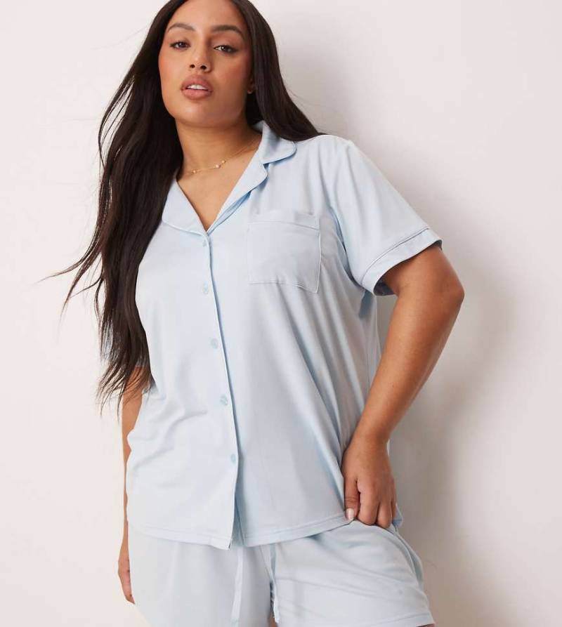 Loungeable Curve - Jersey-Pyjama in Blau mit kurzärmligem Hemd und Shorts von Loungeable