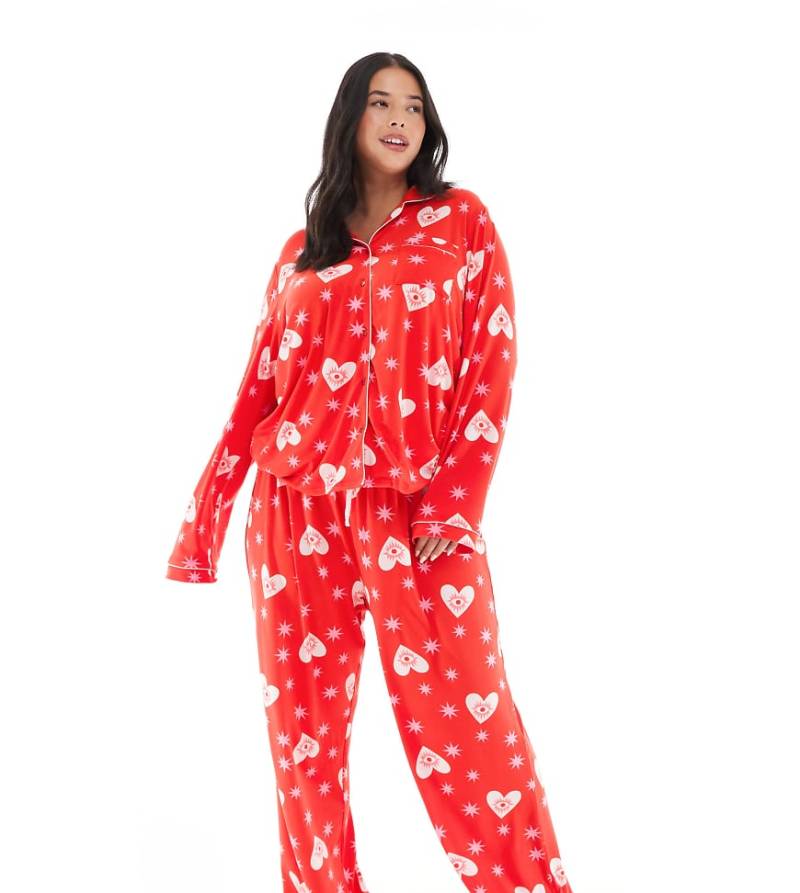Loungeable Curve - Pyjama-Set aus Oberteil mit Reverskragen und Hose mit weitem Bein, aus superweichem Jersey Rot mit Stern-und-Augen-Print von Loungeable
