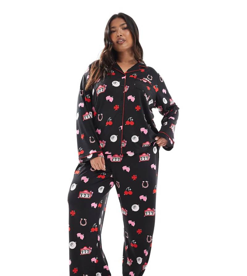 Loungeable Curve - Superweicher Pyjama aus Jersey in Schwarz mit Glückssymbol-Print von Loungeable