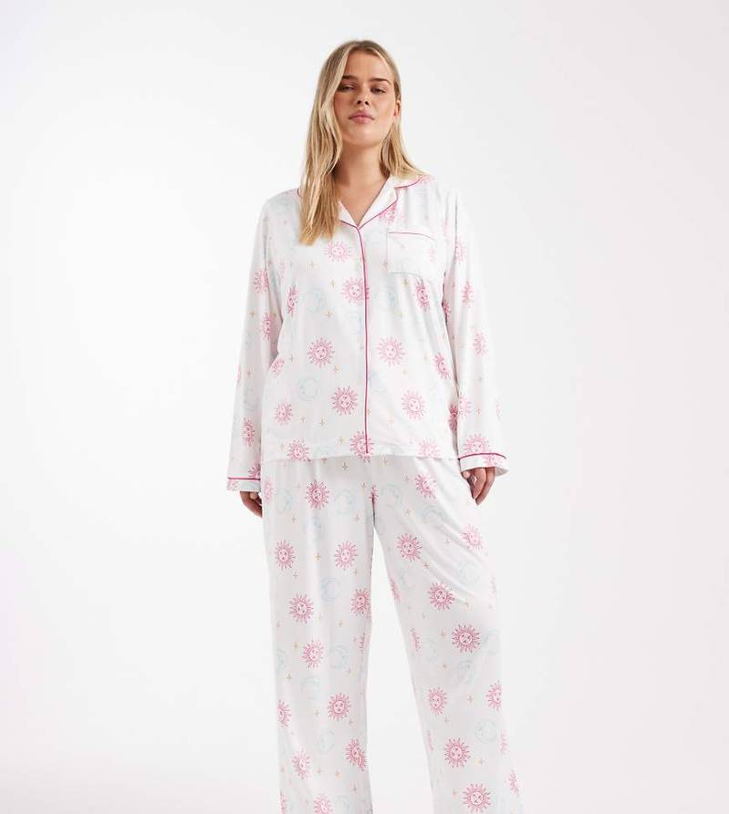 Loungeable Curve - Superweicher Pyjama aus Jersey mit mehrfarbigem Himmelskörpermuster, bestehend aus Oberteil mit Reverskragen und Hose mit weitem Bein-Bunt von Loungeable
