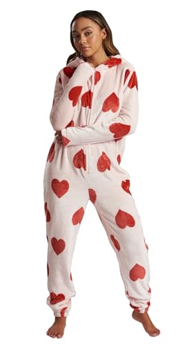 Loungeable Damen Jumpsuit Langer Overall Einteiler Heart Luxury Fleece All In One 793073 rote Herzen M von Loungeable