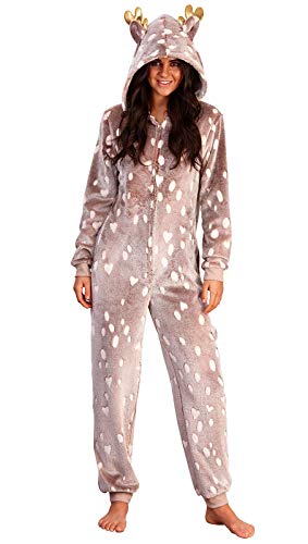 Loungeable Damen Jumpsuit Overall Tiere Gesichter Öhrchen 3D Kapuze Rentier - Reindeer Luxury with metallic Antler 790039 L von Loungeable