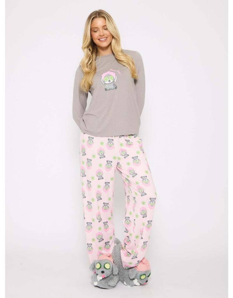 Loungeable - Damen-Pyjama in Grau mit „Pamper Paws"-Print, aus langärmligem Oberteil und Hose von Loungeable