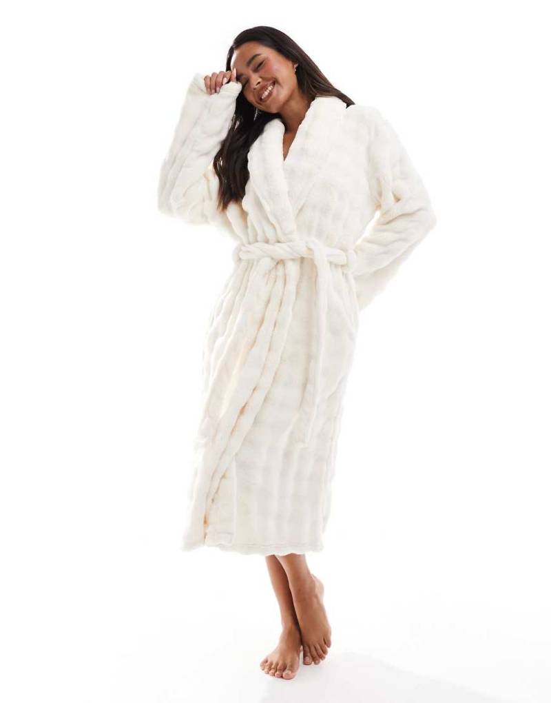 Loungeable - Fleece-Morgenmantel in Creme mit Schalkragen und Blasenstruktur-Weiß von Loungeable
