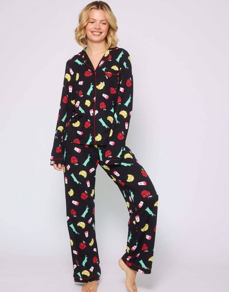 Loungeable - Klassischer Pyjama in Schwarz mit Hemd mit langen Ärmeln und Knopfleiste von Loungeable