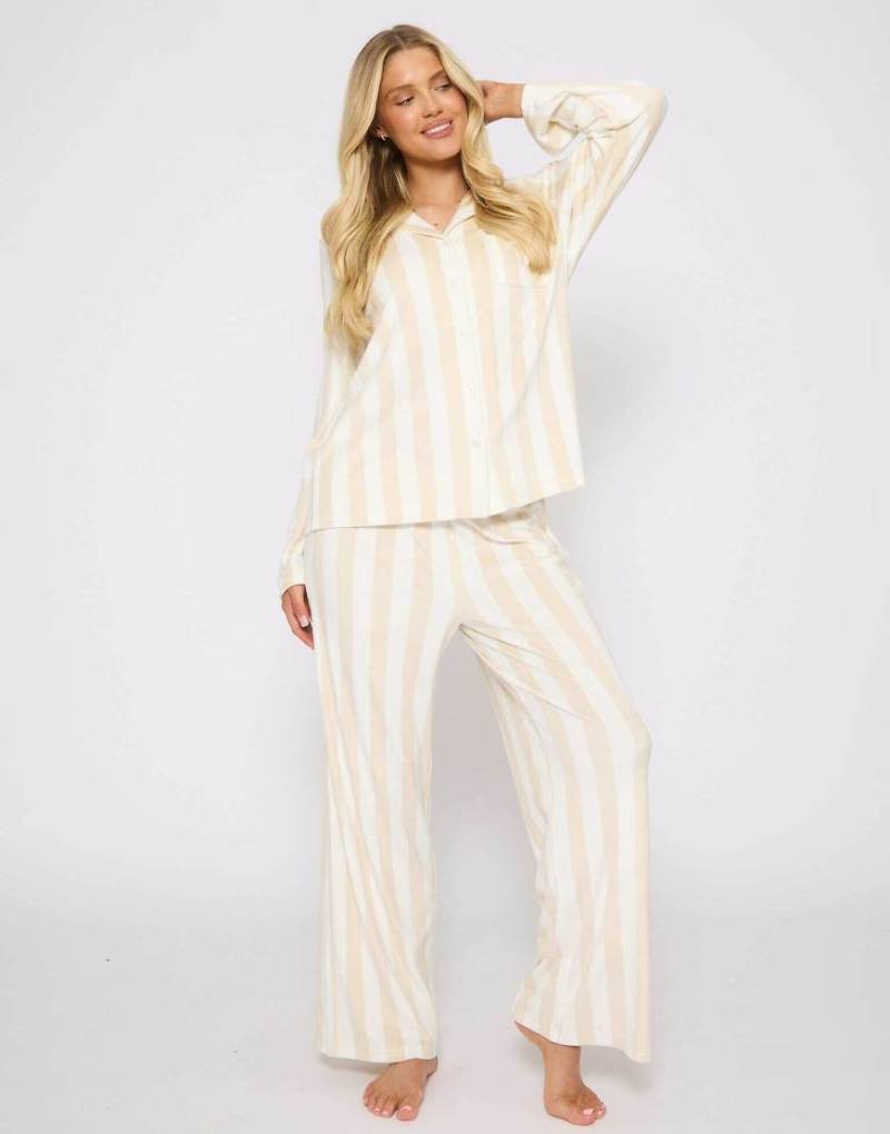 Loungeable - Klassischer Damen-Pyjama aus gestreiftem Velours in Taupe-Brown von Loungeable