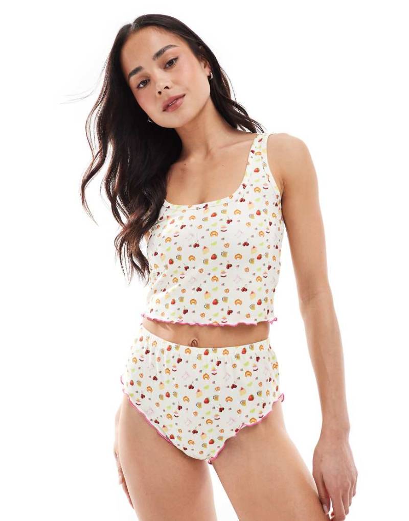 Loungeable - Pyjama mit Fruchtmuster und zarter Waffelstruktur, aus Trägertop und Höschen-Bunt von Loungeable