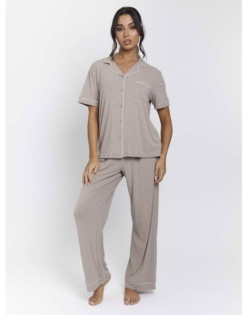 Loungeable - Ladies - Gerippter Pyjama in Hellbeige-Brown von Loungeable