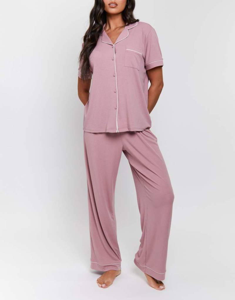 Loungeable - Ladies - Gerippter Pyjama in Rosa von Loungeable