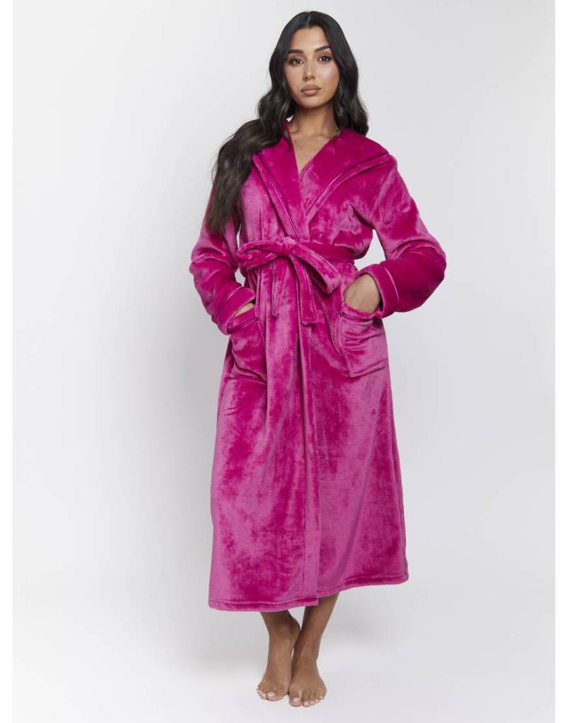 Loungeable - Maxi-Bademantel aus luxuriösem Fleece in Rosa mit Kapuze und Schleifenbandbesatz von Loungeable