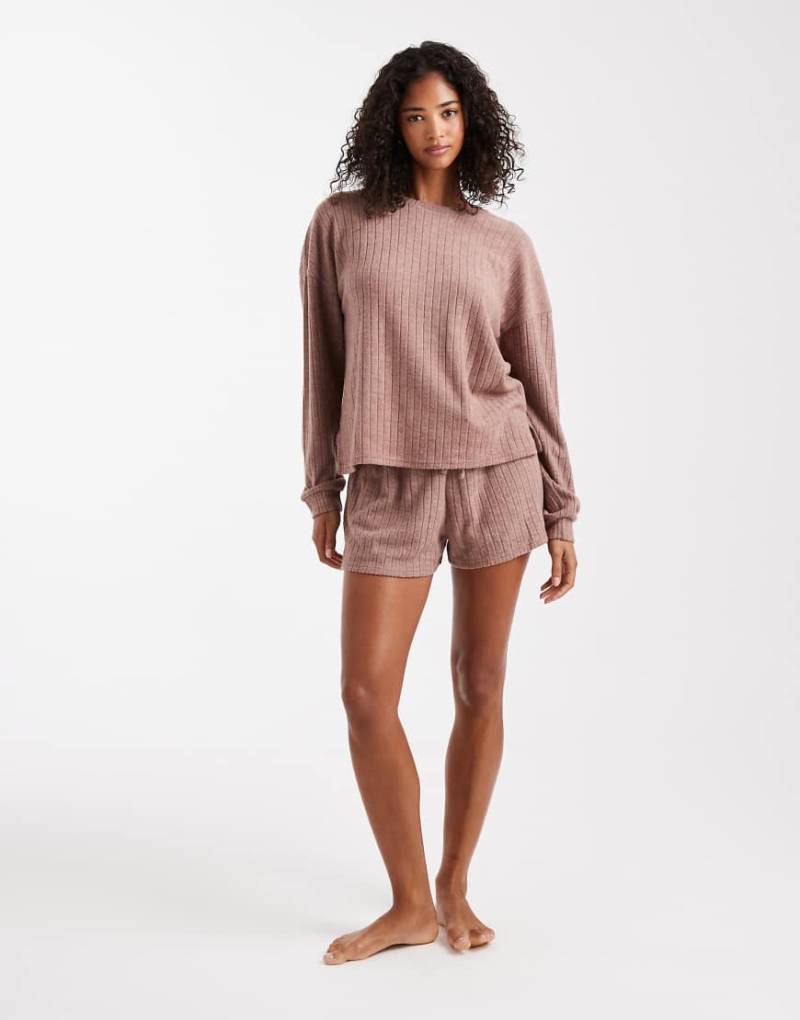 Loungeable - Pullover in Mokka mit Rundhalsausschnitt und Shorts aus superweichem, meliertem Strick-Brown von Loungeable