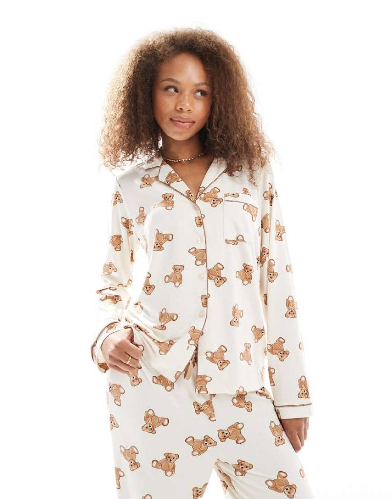 Loungeable - Superweicher Jersey-Pyjama mit Oberteil mit Revers und Hose mit weitem Bein mit Paspelierung und Teddy-Print-Bunt von Loungeable