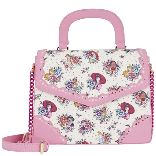 Loungefly Disney Princess Floral Tattoo Crossbody Bag, Pink Vegan Suede Purse with Chain Shoulder Strap and Princesses von Loungefly