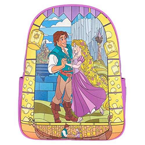 Loungefly Disney Rapunzel Mini-Rucksack aus Buntglas, mit doppeltem Riemen, ohne Schultertasche, Violett, Mini-Rucksack, Violett, Mini, Mini Rucksack von Loungefly