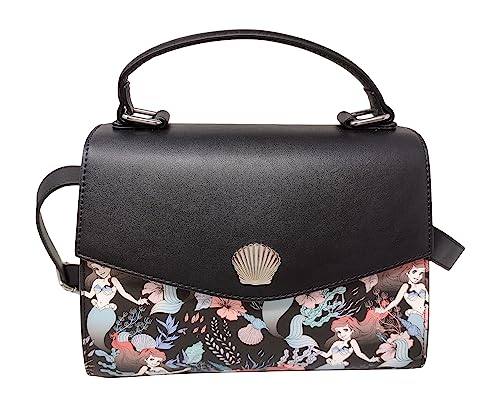 Loungefly Disney The Little Mermaid Ariel Allover-Blumen-Print Crossbody Satchel Handtasche Geldbörse, Schwarz, Medium von Loungefly