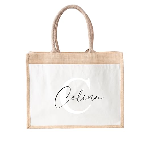 Lounis Jutetasche mit Initial und Name - Einkaufstasche - Shoppingbag - personalisierte Tasche - Geschenkidee - schwarz weiss (S) von Lounis