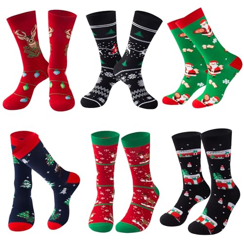Lounwee Weihnachtssocken Herren Crew Socken Männer & Frauen bunte Kuschelsocken Weihnachten farbigen gemusterten Socken 6 Paar 39-46 von Lounwee