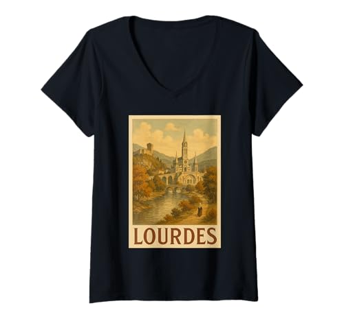 Damen Lourdes Frankreich Skyline T-Shirt mit V-Ausschnitt Damen Lourdes Frankreich Skyline T-Shirt mit V-Ausschnitt von Lourdes Souvenirs & Co.