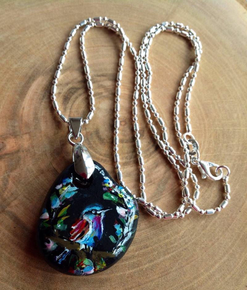 Vogel-Anhänger Handbemalte Vogel Gemalt Kieselstein Halskette Handgemalte Anhänger Handgemachte Handgemalter Blauer von Lousimart