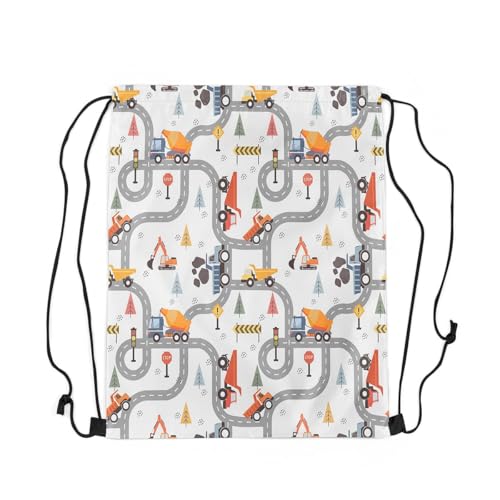 Loussiesd Bagger Turnbeutel 30x40cm Verkehrsstraßen Sportbeutel Sporttasche Baufahrzeuge Rucksack mit Kordelzug Wasserdicht Cartoon Auto Tanz Taschen Kordelzug Rucksack Hellgrau Sportsack Gym Sack von Loussiesd