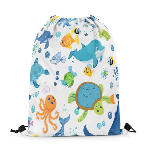 Loussiesd Cartoon Meer Schildkröte Turnbeutel 30x40cm Wasserdichter Niedlich Delphin Wal Fische Sportbeutel Sporttasche Kawaii Quallen Rucksack mit Kordelzug Meereslebewesen Sealife Zuziehbeutel von Loussiesd