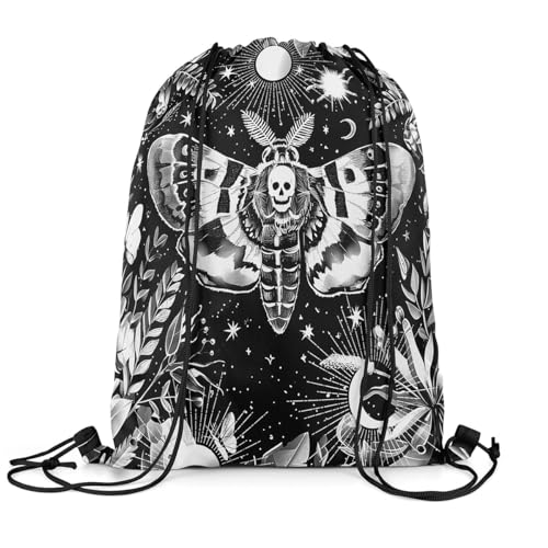 Loussiesd Death Moth Turnbeutel 33x40cm Schädel Rucksack mit Kordelzug Gothic Sports Sportbeutel Sporttasche Polar Night Schwarz Gymsack Sportsack Soft von Loussiesd