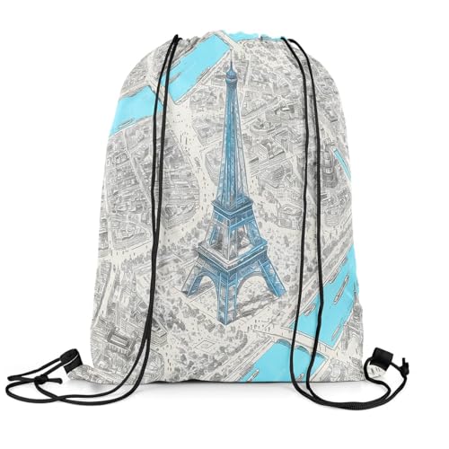 Loussiesd Erwachsene Eiffelturm Turnbeutel 30x40cm Paris Sportbeutel für Frauen Männer Französisch Stadtbild Karte Blau Rucksack mit Kordelzug Verstellbar Gymsack Sportsack von Loussiesd
