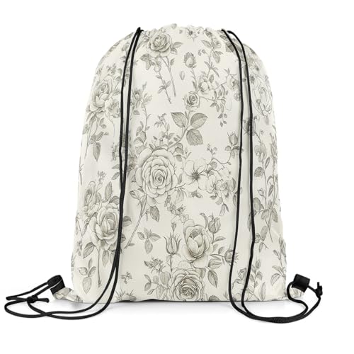 Loussiesd Grau Floral Gymsack Sportsack Blumen Turnbeutel 33x40cm für Frauen Geschenke Botanisches Sportbeutel Sporttasche Natürliches Thema Rucksack mit Kordelzug von Loussiesd