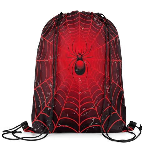 Loussiesd Halloween Spinnennetz Turnbeutel 33x40cm Geschenke Rot Schwarz Spinne Drucken Gymsack Sportsack Halloween Thema Scary Spinne Sportbeutel Sporttasche Soft Rucksack mit Kordelzug von Loussiesd