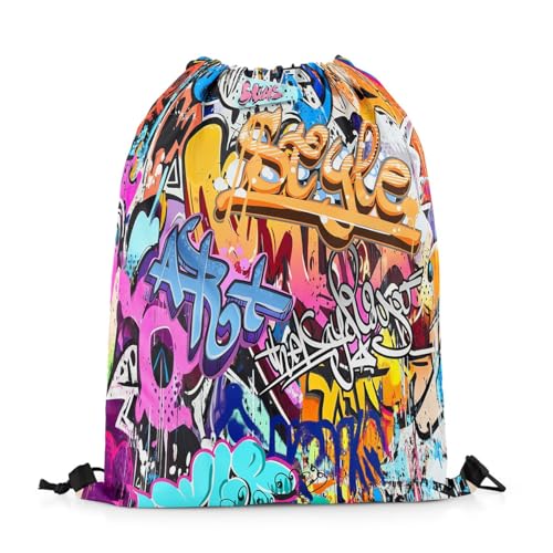 Loussiesd Hippie Graffiti Stil Turnbeutel 30x40cm für Erwachsene Männer Frauen Hip Hop Rucksack mit Kordelzug Graffiti Grafik Sportbeutel Grunge Art Dekor Sportsack Gym Sack von Loussiesd