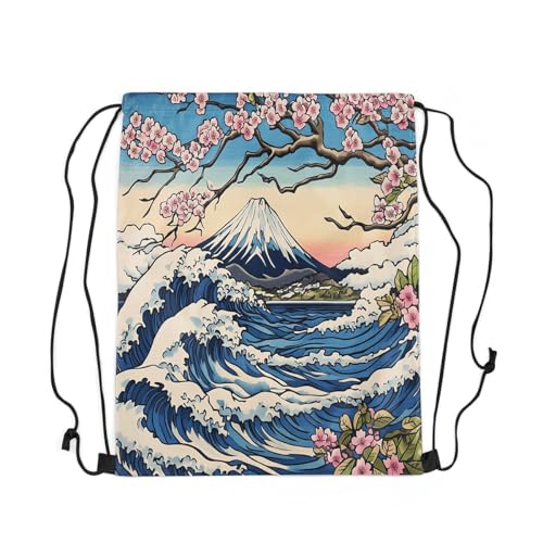 Loussiesd Japanische Welle Turnbeutel 30x40cm Kirschblüten Sportsack Gym Sack Erwachsene Fujiyama Rucksack mit Kordelzug Cartoon Sporttasche von Loussiesd