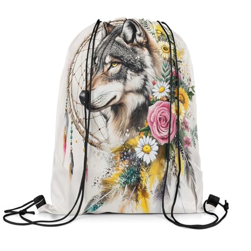 Loussiesd Wolf Turnbeutel 30x40cm Kinder Dreamcatcher Rucksack mit Kordelzug Yoga Gym Schwimmstrand Einkaufssack Blumen Sportbeutel Sporttasche Wasserdicht Silber Weiß Sportsack Gym Sack von Loussiesd