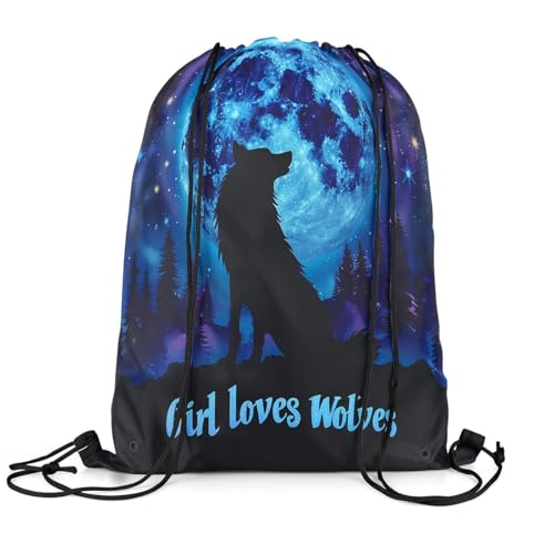 Loussiesd Wolf Turnbeutel 30x40cm Wölfe Heulen Sportbeutel Bergmond Wolf Rucksack mit Kordelzug Tierwölfe Sportbeutel Zimmer Dekor Blau Schwarz Sporttasche von Loussiesd